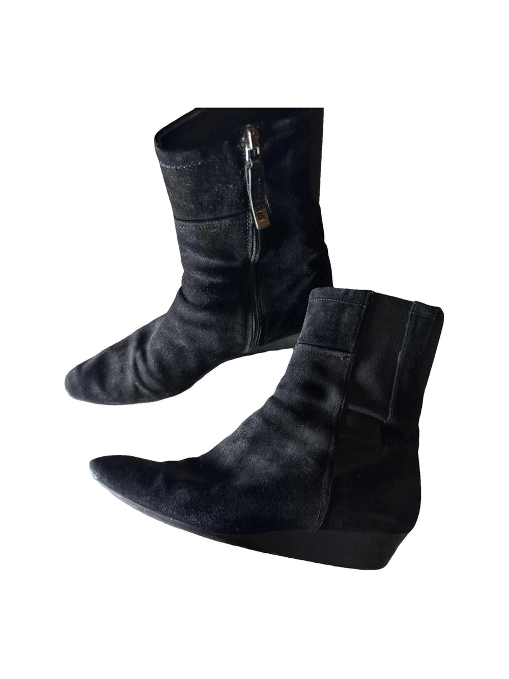 Prada Black Suede Ankle Wedge Boots with Side Zip